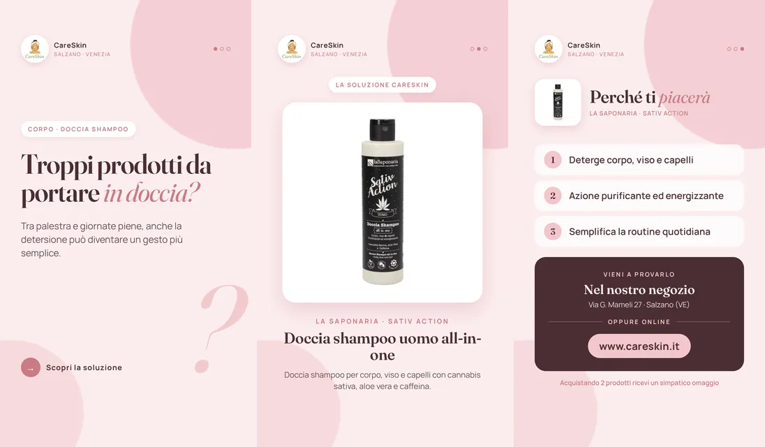 Le 3 storie di La Saponaria · Sativ Action Doccia shampoo uomo all-in-one