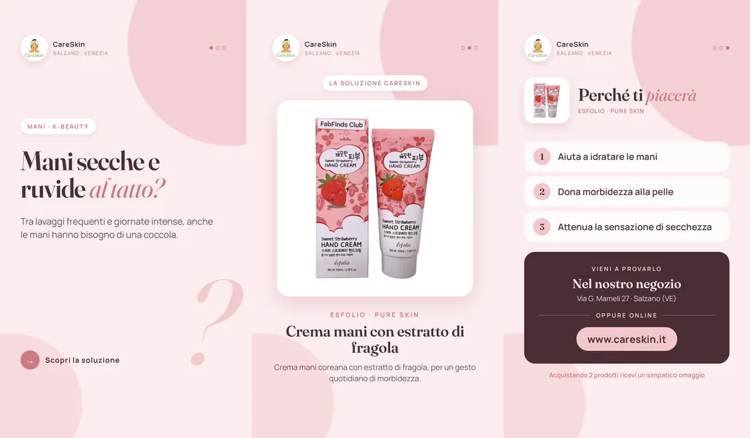Le 3 storie di Esfolio · Pure Skin Crema mani con estratto di fragola