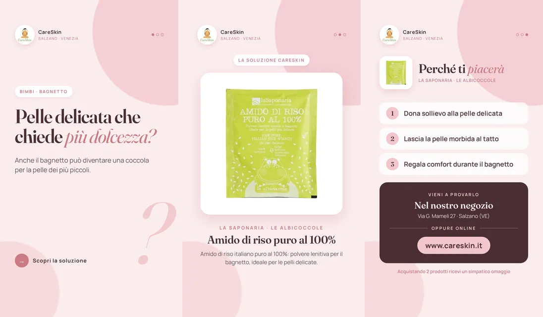 Le 3 storie di La Saponaria · Le Albicoccole Amido di riso puro al 100%